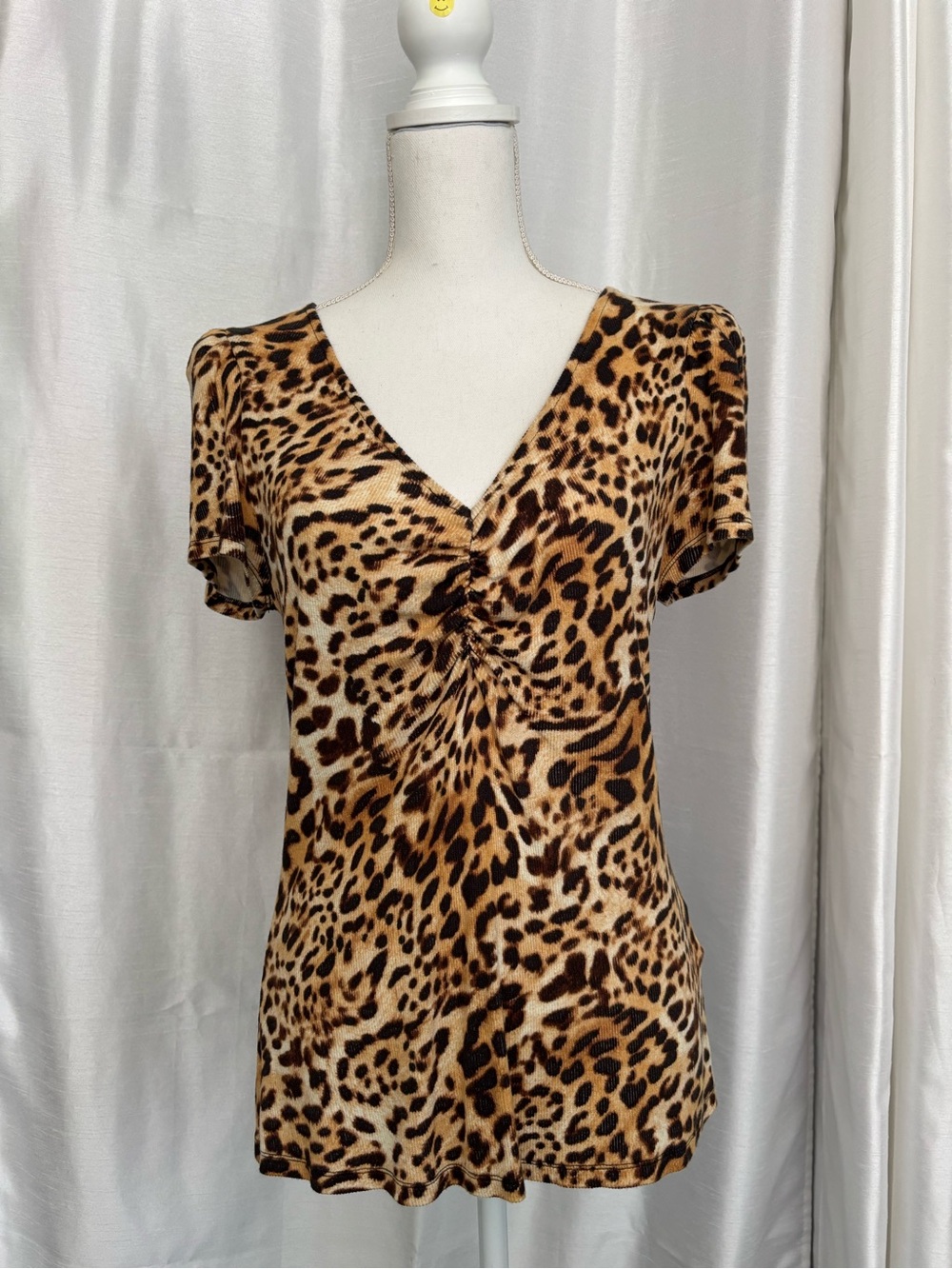 INC international concepts Leopard Print V-Neck Short Sleeve Top - Brown large
